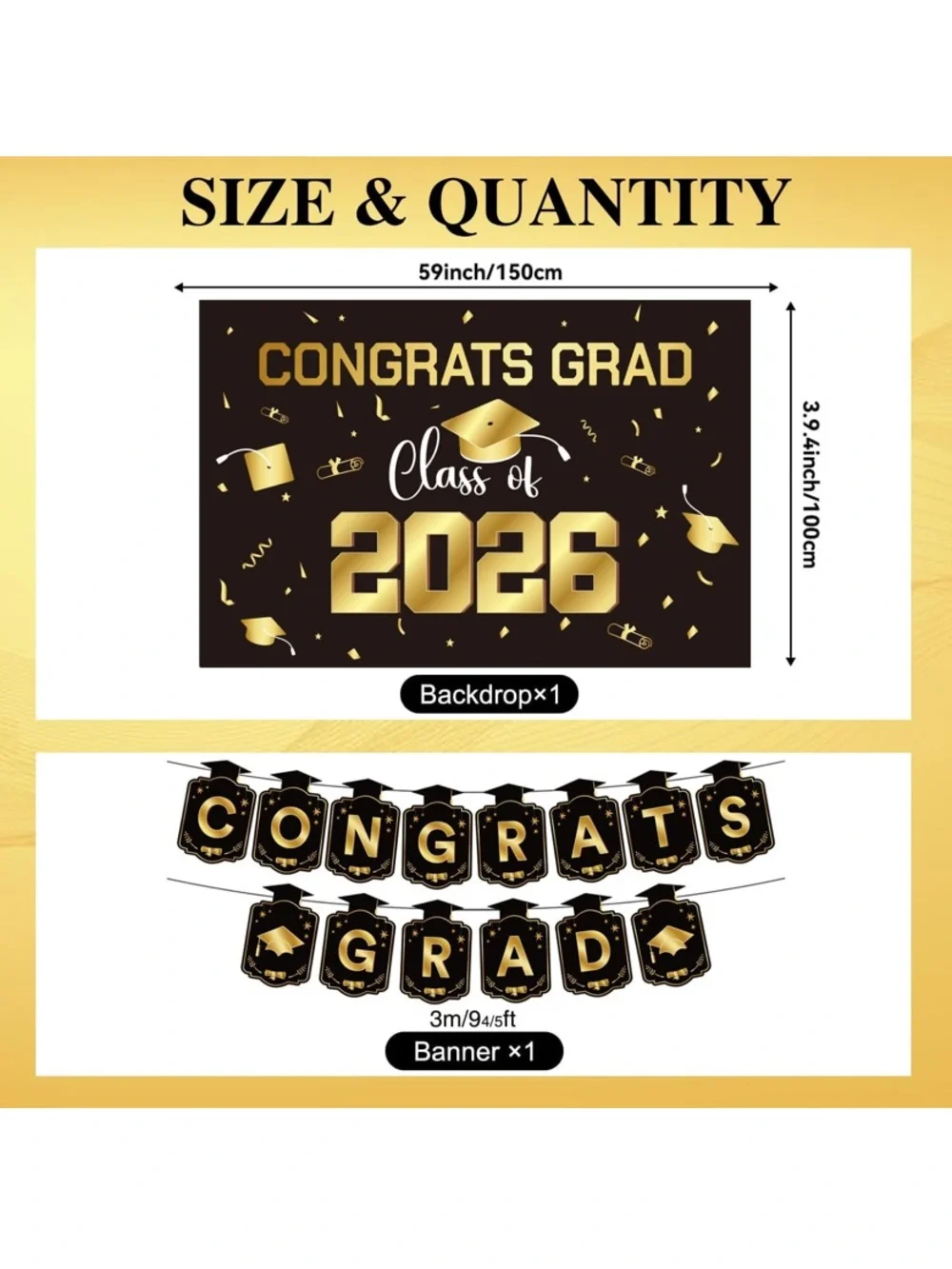 Congrats Grad 2026 Party Decorations - Black & Gold Graduation Banner Set
